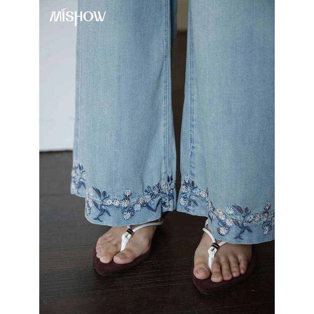 MISHOW Women Flower Embroidery Wide Leg Pants 2025 Summer Office Lady Fashion High Waist Slim Jeans Female Clothing MXE37K0991 X251224