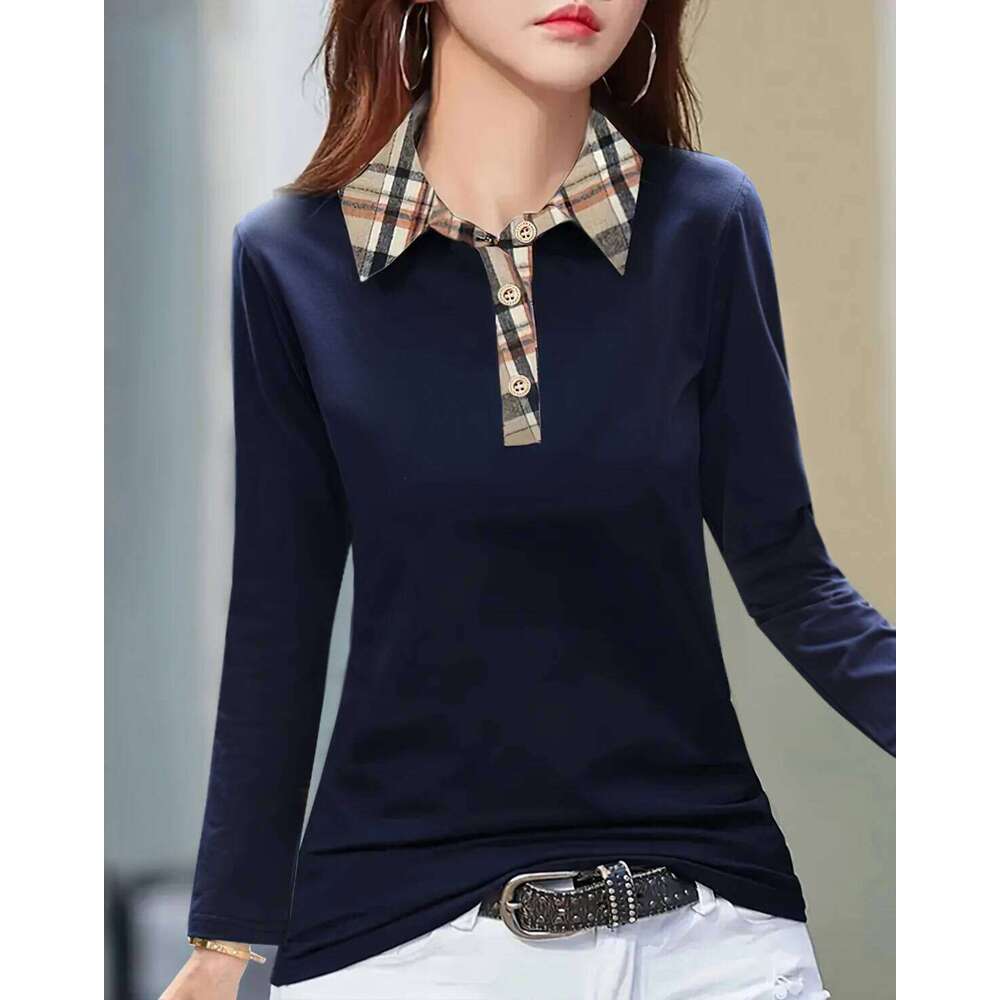 Women's Solid Color Long-Sleeved Plaid Collar POLO Shirt, Fashionable And Casual Everyday Wear Knitted Tops. DREAM RECALL