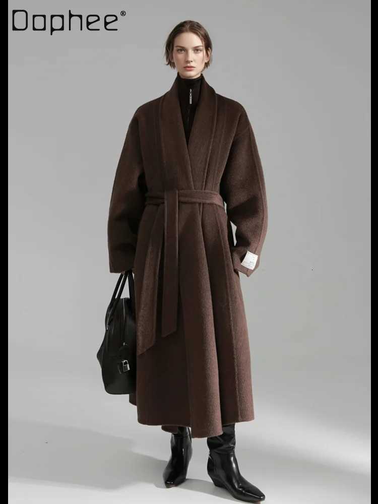 Commuter Style Temperament High-end Double-sided Woolen Jacket Korean Ins Fashion Lapel Long-sleeved Belt Slim Long Wool CoatT251224