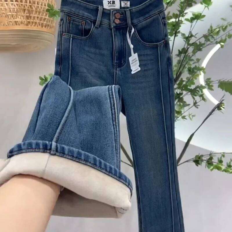 Women's Winter 2025 New Style Flared Pants Retro Blue Thickened Fleece Lined High Waist Jeans for Petites X251224