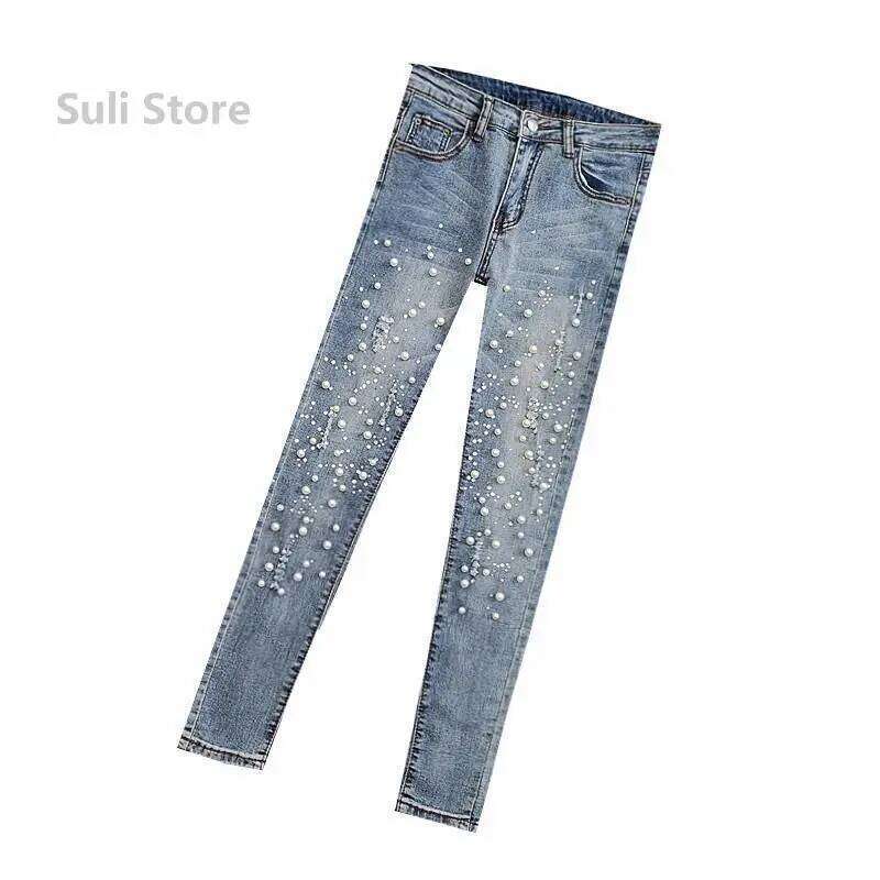 European Station Beaded Jeans Women's Summer 2025 New Versatile Ripped Elastic Skinny Small Foot Nine-point Pants X251224