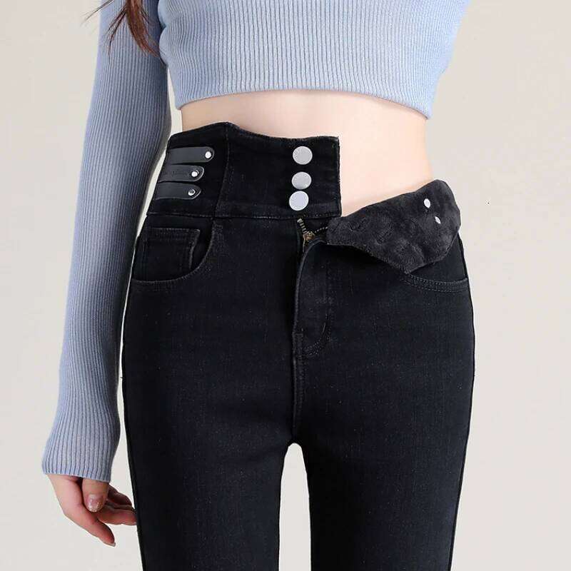 High Waist New Women's Fleece Jeans Winter Warm Thermal Slim Blue Black Fashionable Casual Velvet Elastic Pencil Denim Trousers X251224