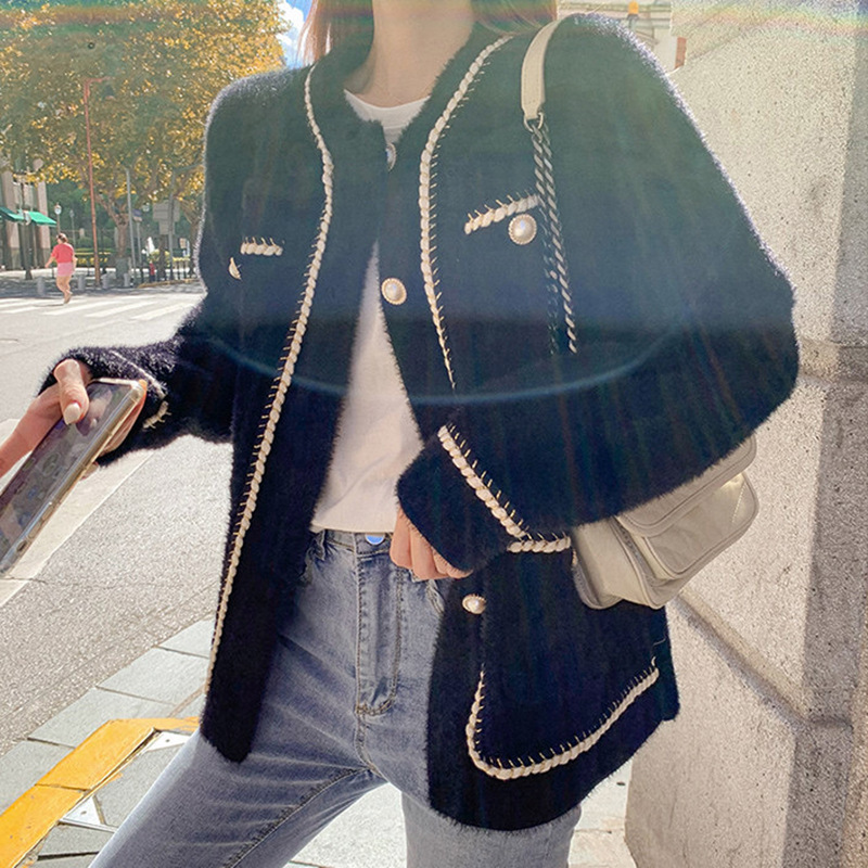 White Mink Cashmere Sweater Coat Women Autumn Winter Lazy Style Korean Retro Black Loose ONeck Knitted Cardigan Fashion Outwear