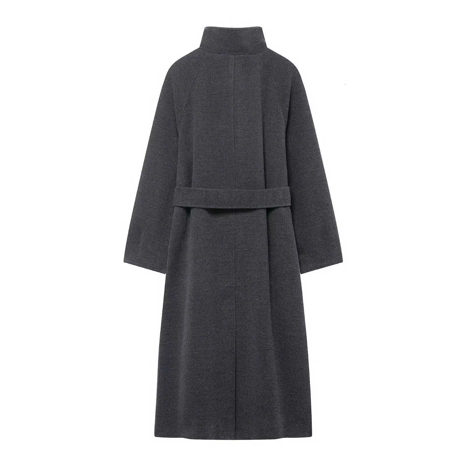 Womens Single Breasted Woolen Loose Overcoat New Long Coat Stand-up Collar Belt Female Autumn Winter Chic Casual OvercoatT251224