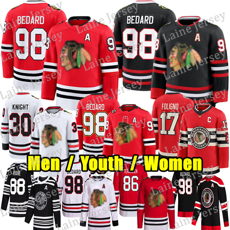 #98 ConnorS Bedard chicago hockey jersey blackhawksS jersey #91 Frank Nazar Artyom Levshunov Alex Vlasic Nick Foligno Murphy Spencer Knight Jason Dickinson jerseys
