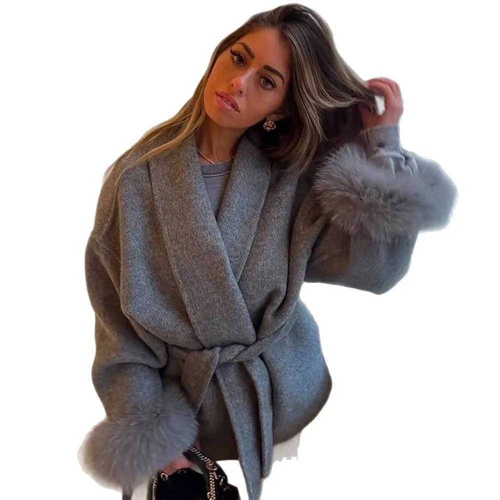 Fox Fur Woolen Women Coat Grey Lace Up Fur-trimmed Cuffs Patchwork Female Wool Overcoat Elegant Commuter Office Jacket For LadyT251224