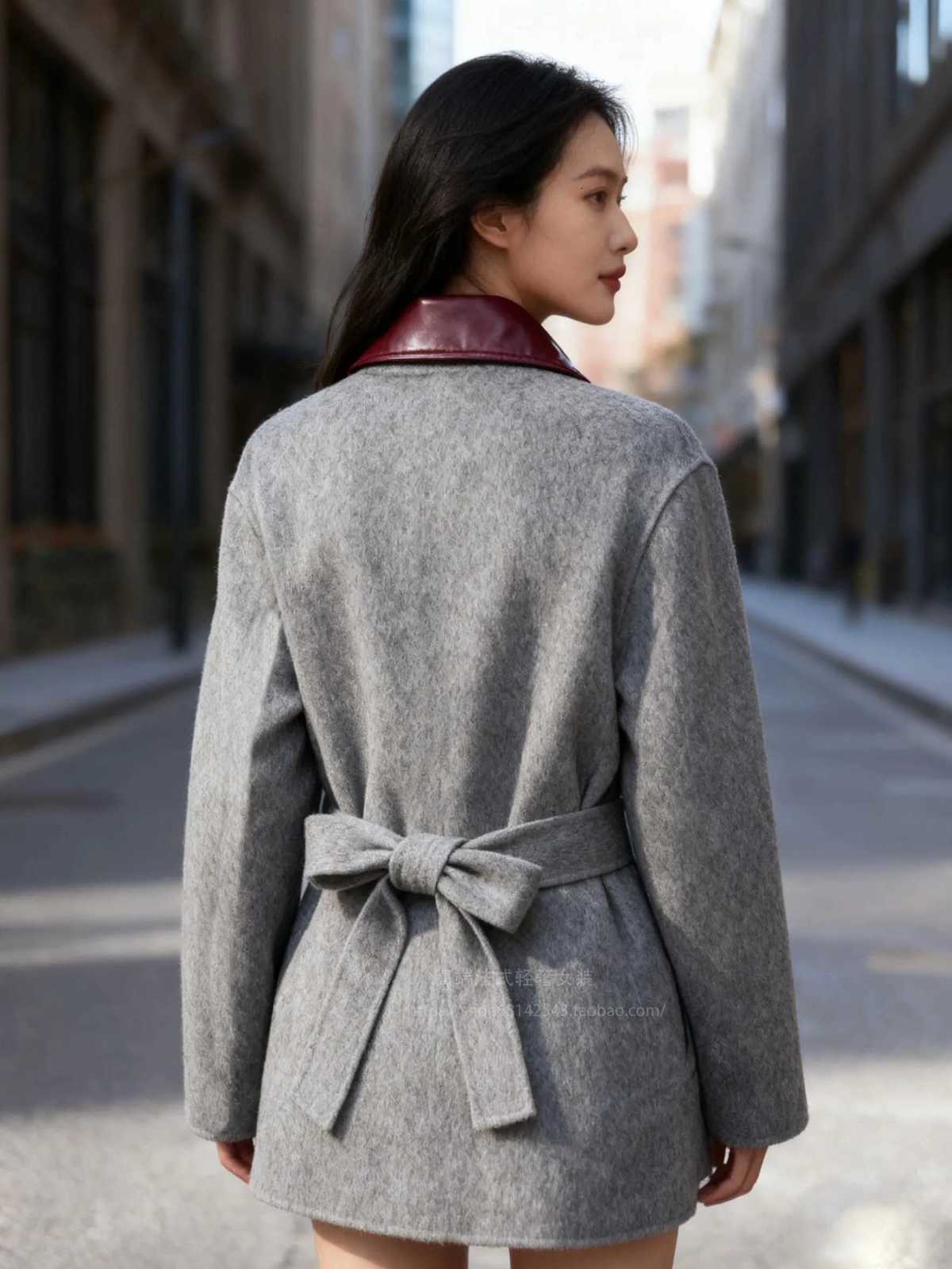 Gray Womens Lace-up Coat Detachable Collar Double-sided Woolen Single Breasted 2025 Autumn Winter Lady JacketT251224