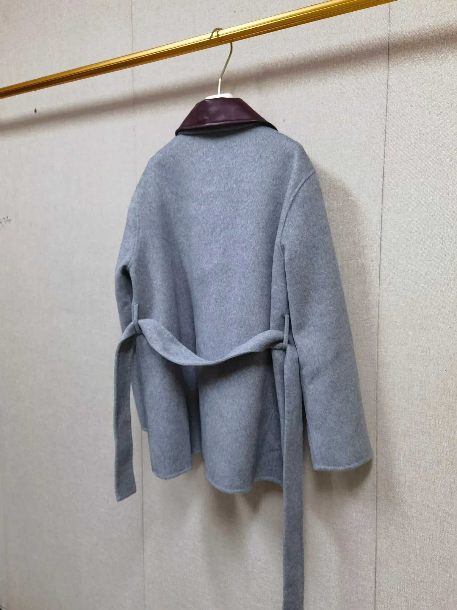 Gray Womens Lace-up Coat Detachable Collar Double-sided Woolen Single Breasted 2025 Autumn Winter Lady JacketT251224