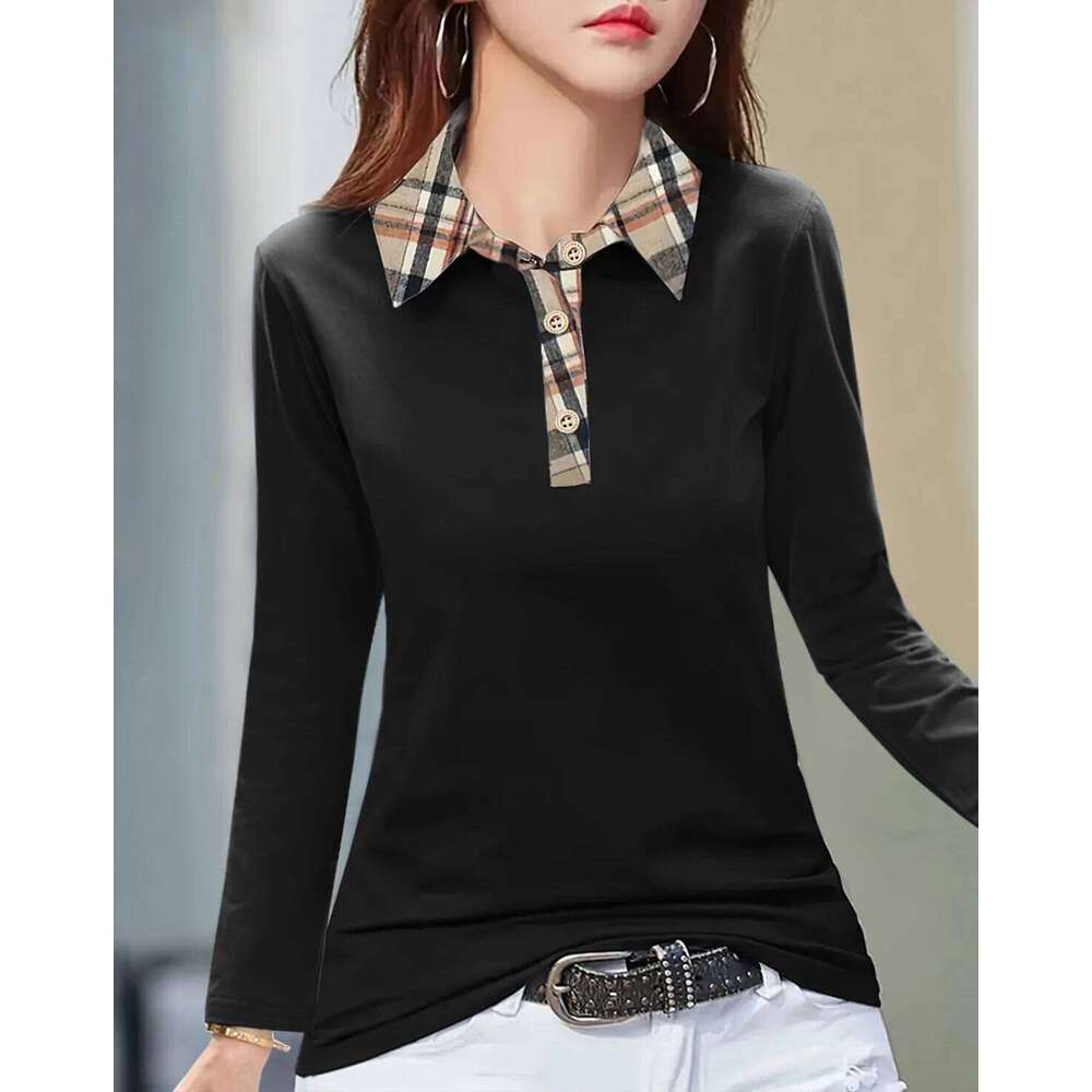 Women's Solid Color Long-Sleeved Plaid Collar POLO Shirt, Fashionable And Casual Everyday Wear Knitted Tops. DREAM RECALL