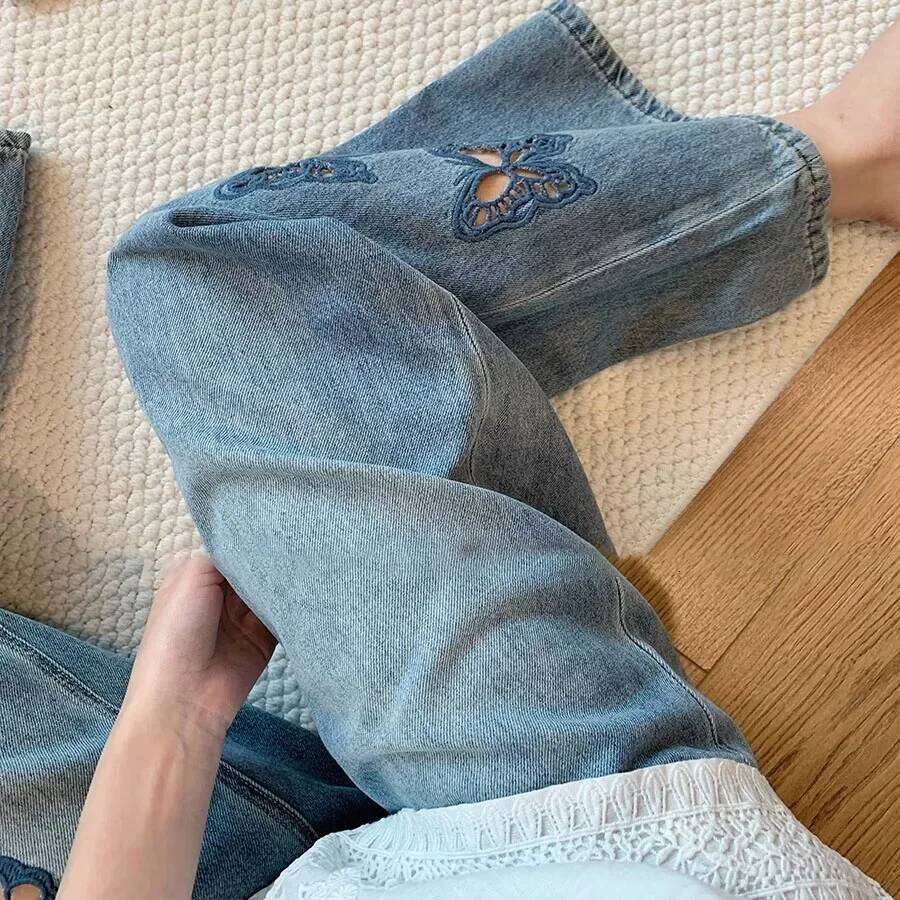 Y2K Blue Jeans Women Retro Hollowed Butterfly Straight Pants Nine Tenths Wide Leg Autumn Design Sense X251224