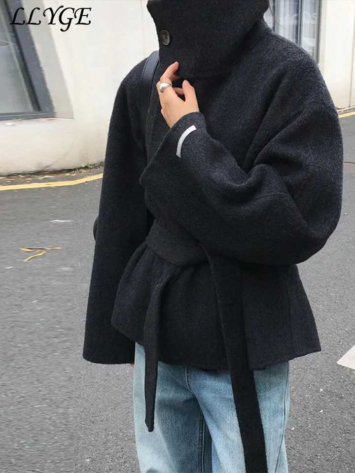 Street Womens Belt Stand Collar Woolen Coats Chic Single Breasted Full Sleeve Jacket 2025 Autumn Winter Lady Commute OutwearT251224