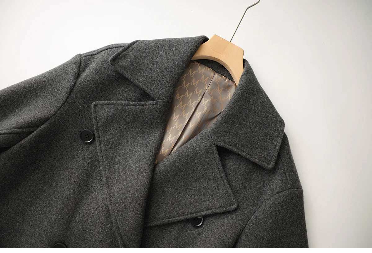 Dark Grey Womens Turn-Down Collar Double-faced Woolen Coat Autumn Winter Loose Casual Mid-Length Straight Overcoat With BeltT251224