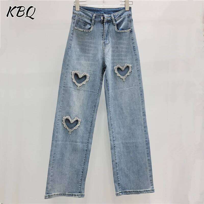 KBQ Solid Patchwork Diamonds Streetwear Jeans For Women High Waist Spliced Zipper Hollow Out Straight Denim Pants Female Autumn X251224
