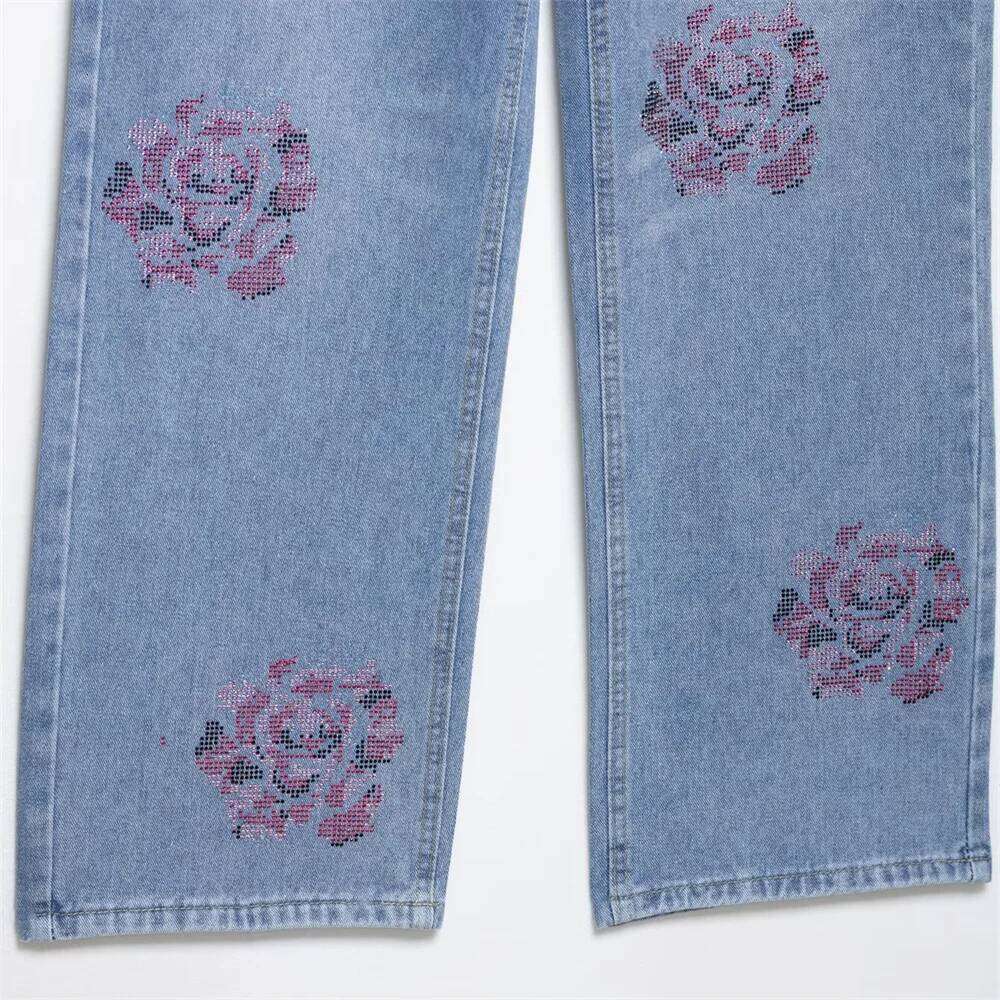 women's casual, simple and fashionable rhinestone embellished pants, summer new mid rise loose jeans X251224
