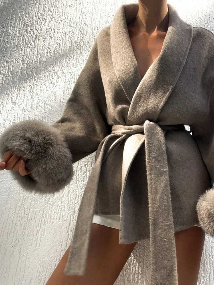 Elegant Lace Up Woolen Short Coat Solid Loose Lapel Furry Belt Long Sleeve Female Jacket 2025 Autumn Winter Lady Chic CardiganT251224