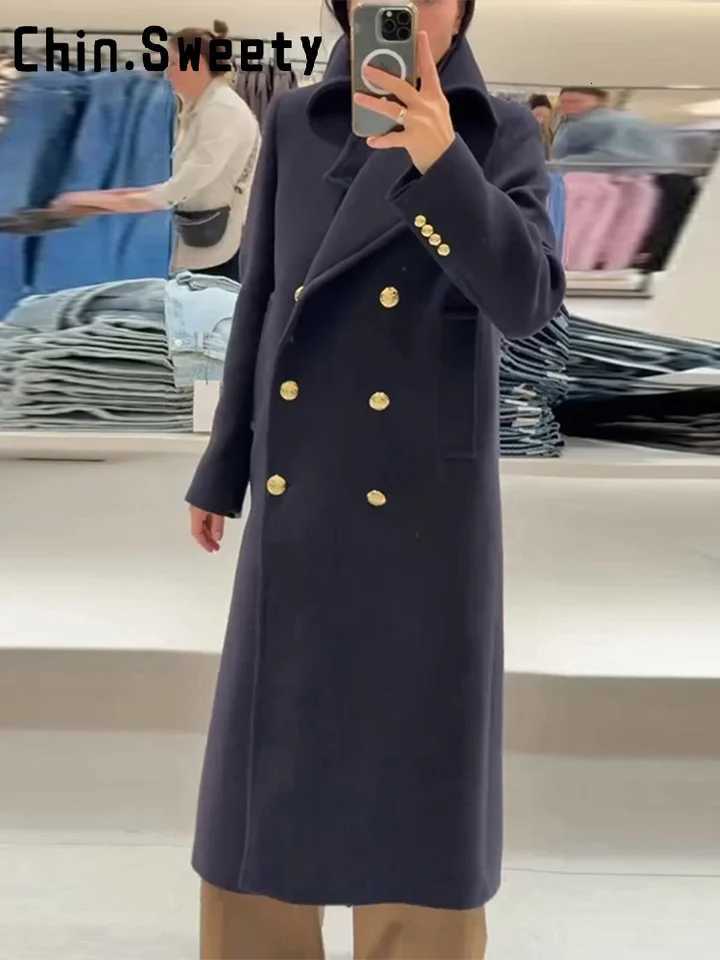 Fashion Lapel Dark Blue Long Woolen Blend Coat Women Double Breast Long Sleeve Chic Overcoat 2026 Spring Lady Outwears NewT251224