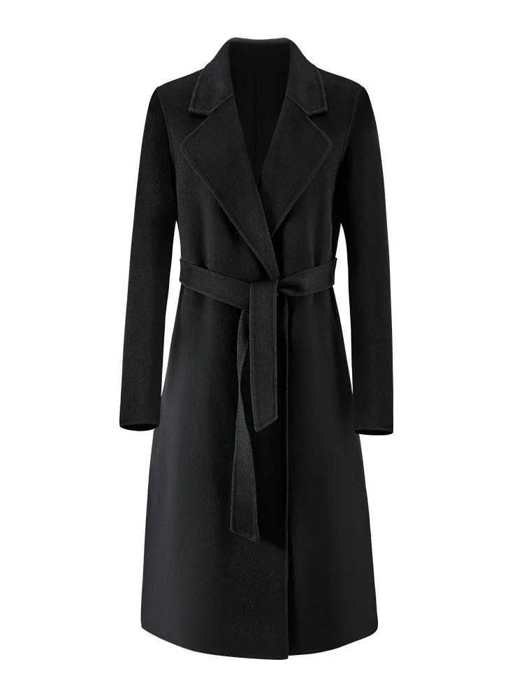 CAIXINGLE 2024 Autumn 100 Wool Coats With Belt Fashion Open Stitch Elegant Woolen Cashmere Coat Veste Femme TopsT251224