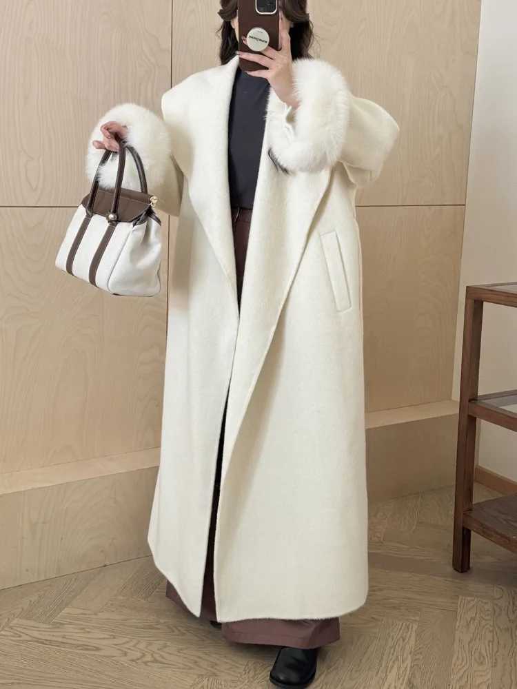 BJTZ Fox Hair Cuffs Double-sided Cashmere Coat Women 2024 Autumn/winter Mid-length Lace-up Loose Coat Fashion SimpleT251224