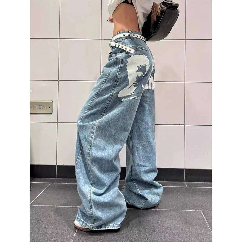 Autumn Women's Blue Y2k Baggy Harajuku Vintage Printing Denim Trousers Japanese 2000s Style Jeans Pants Oversize Clothes X251224