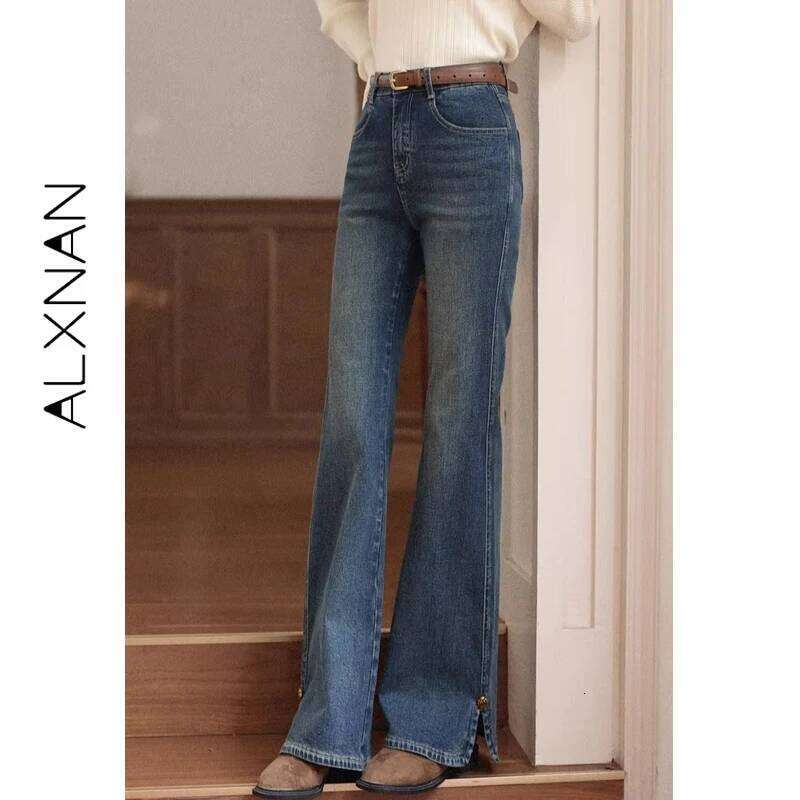 ALXNAN Vintage Blue Jeans Women's Flared Straight Cotton Denim 2025 Fall Office Lady Elegant Slim-fit Female Pants L57873 X251224