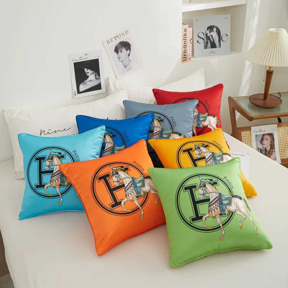 luxury Modern Style Satin Cushion Cover Horse Embroidered Letter H case 45x45cm Bedside Office Sofa Waist Home Decor Cushion Case M251224