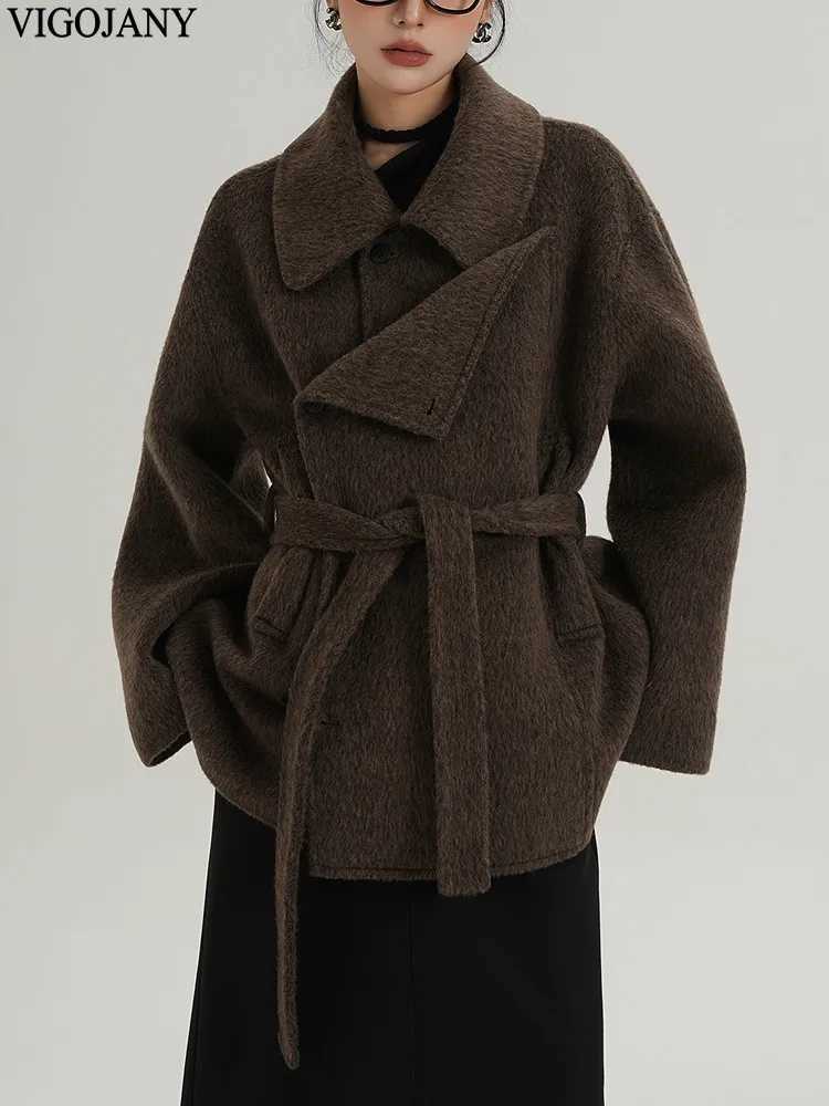 2025 Women Brown Nature 100 Wool Coat Elegant Long Sleeve Loose Cashmere Jacket Winter Lady Casual Turndown Collar Woolen CoatT251224