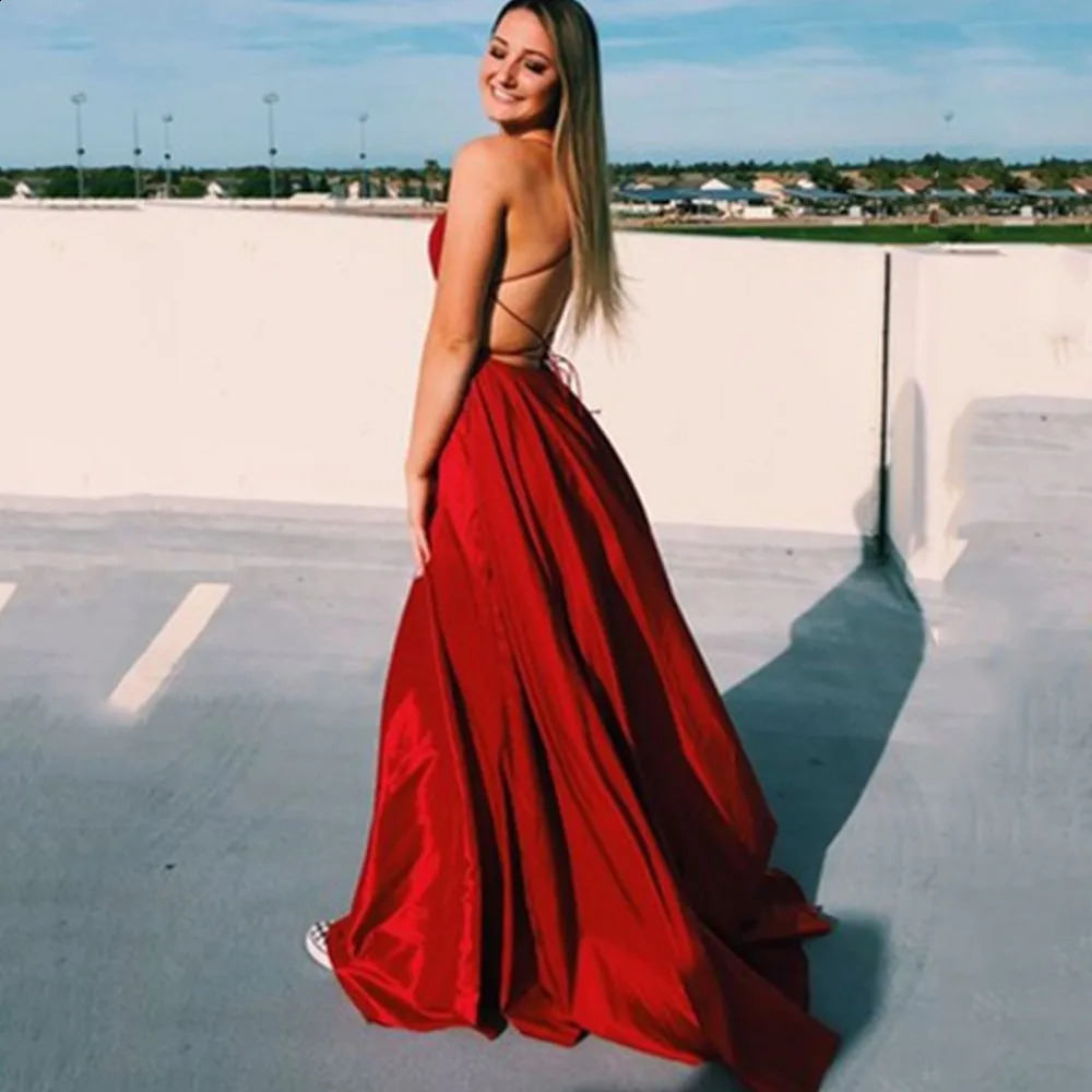 Elegant Burgundy Prom Maxi Dresses For Women Sexy Backless Side Slit Halter Satin Evening Party Gowns Vestidos De Gala 251223 C260312