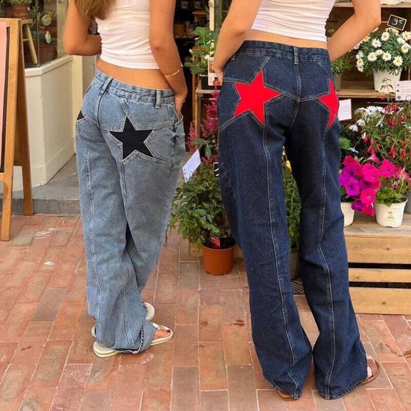 Classic Straight Women Spliced Five-pointed Star Low Waist Denim Pants Fall Winter 2025 Spice Girl Street Style Y2k Jeans X251224