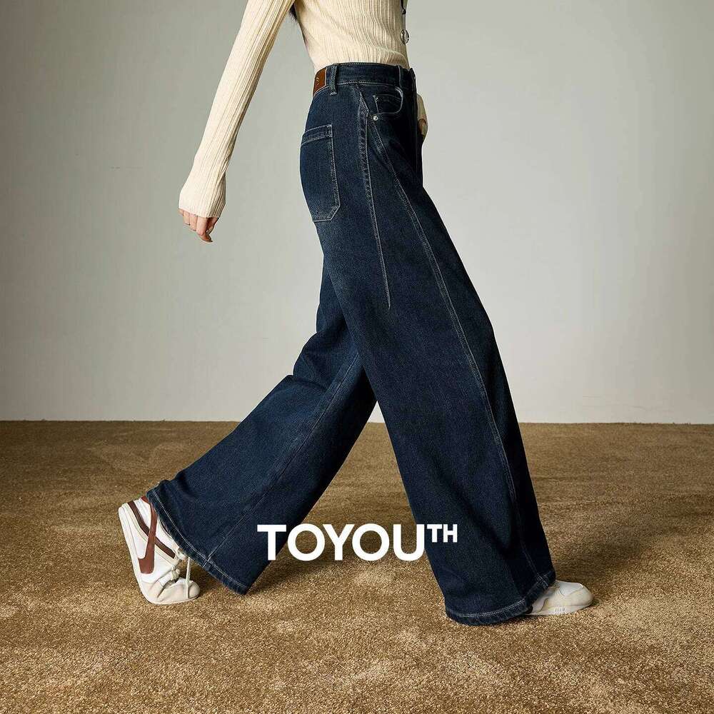 TOYOUTH Women Stretchy Jeans 2025 Winter New Fleece-Lined Warm Retro Indigo Deconstructed Split Wide-Leg Trousers X251224