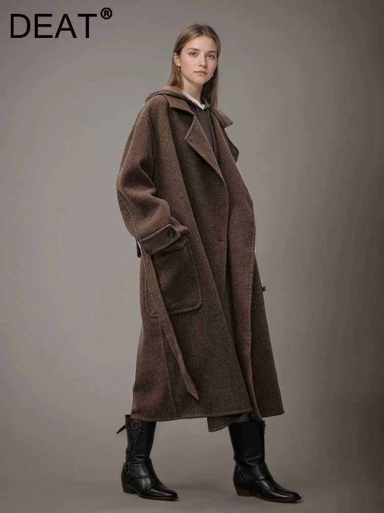 DEAT Fashion Brown Double Side Woolen Coat Womens Lapel Loose Single Breasted Big Pockets Sashes Blends Overcoat Autumn NewT251224