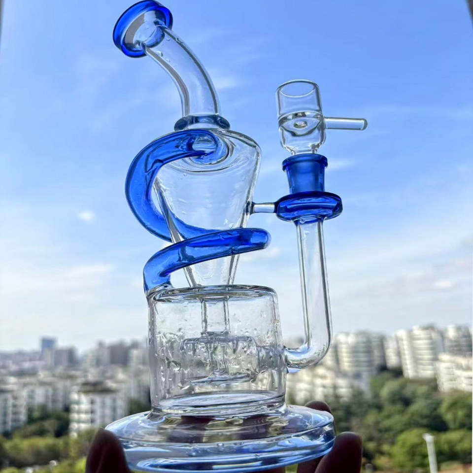 Blue Recycler glass Bong Hookahs Smoke Glass Water Pipes Bubbler Unique Water Bongs Smoking Bubbler With 14mm Bowl
