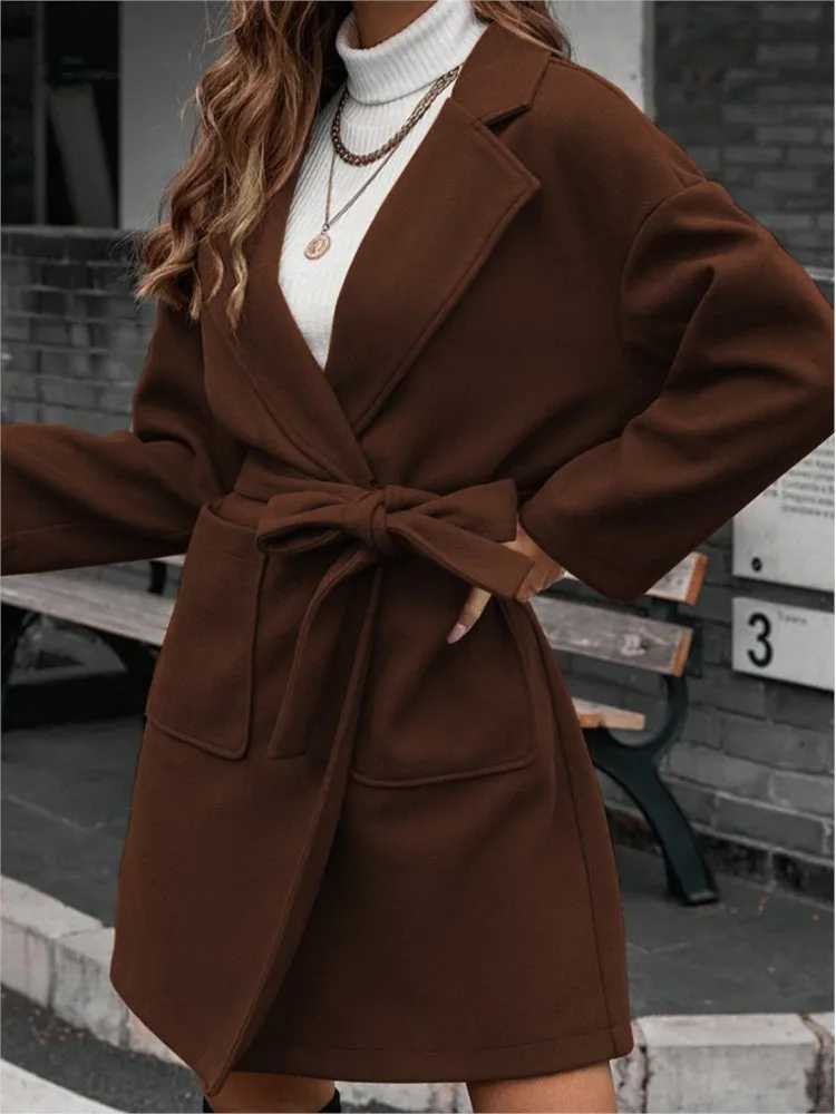 New Autumn Winter Womens Woolen Long-sleeved Casual Long Coats Fashion Pockets Elegant Laces Female Suit Collar Woolen CoatsT251224
