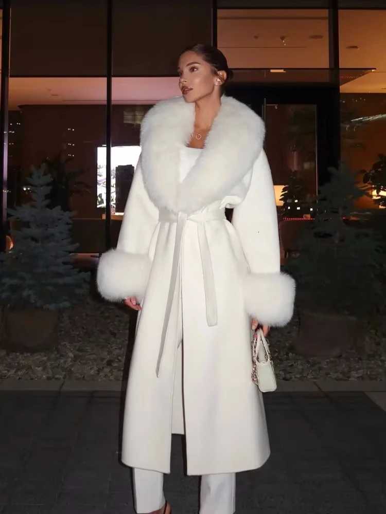 Fashion Fur Patchwork Woolen Coat Women Elegant Full Sleeve V-neck Lace Up Loose Long Overcoat 2025 Lady Winter Commute OutwearT251224