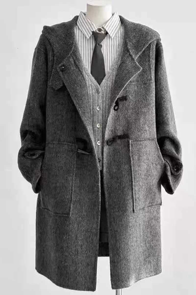 Cow Horn Buckle Gray Woolen Coat For Women 2025 New Autumn And Winter High-End Hooded Loose Woolen CoatT251224