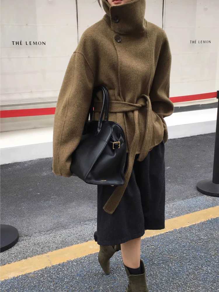 DFDG 2025 Fall Winter Womens Handmade Wool Coat Double-Faced Belted Cropped Jacket Oversized Stand Collar Designer OuterwearT251224