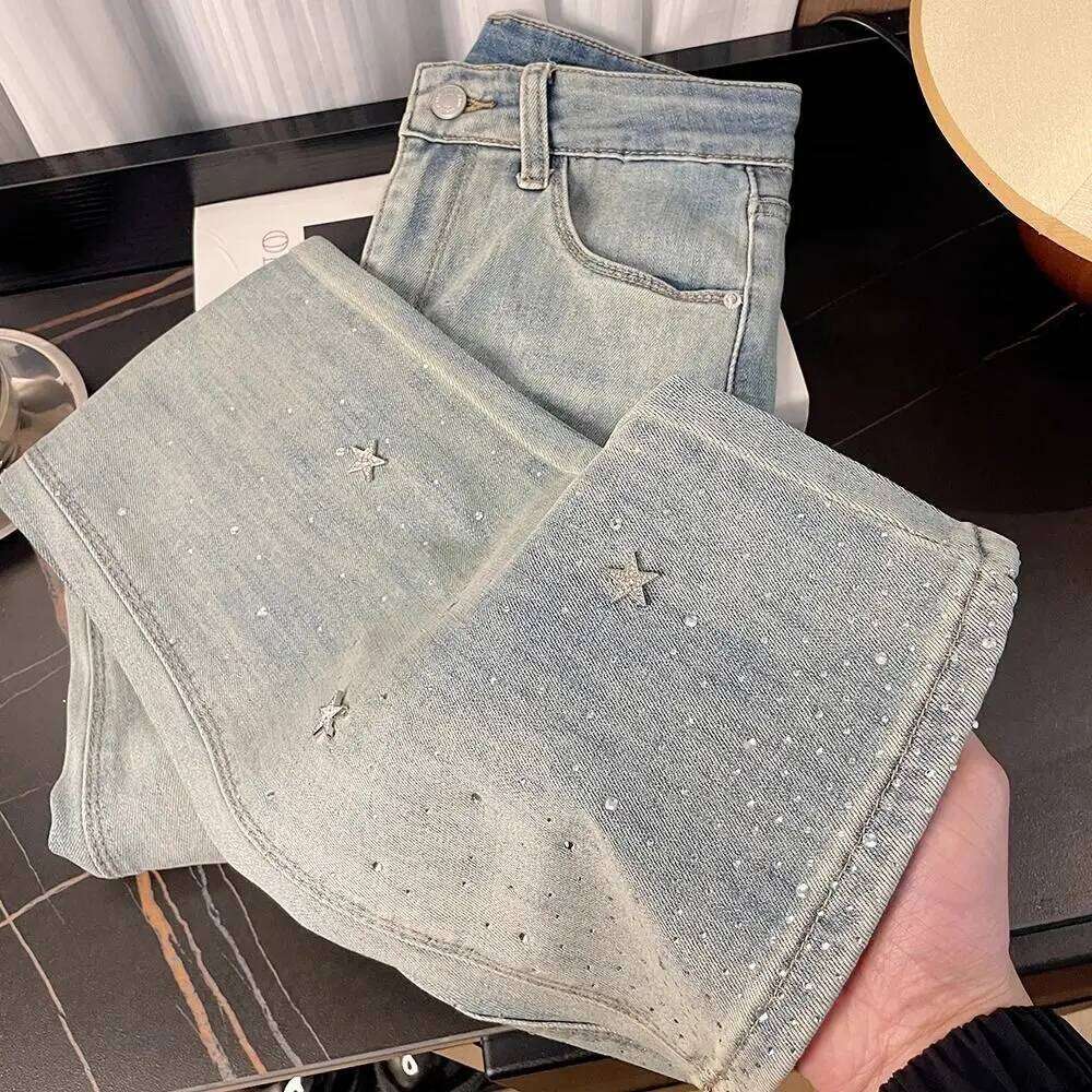 Heavy-Duty Star Rhinestone Shiny Light Blue Jeans Women's Summer High Waist Slim Stretch Flared Pants X251224