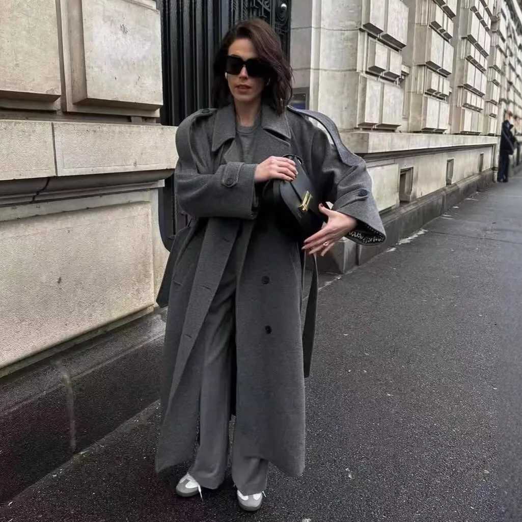 Double-breasted Long Woolen Coats Womens Elegant Lapel Pocket Blends Overcoat With Belt Winter New Female Casual StreetwearT251224