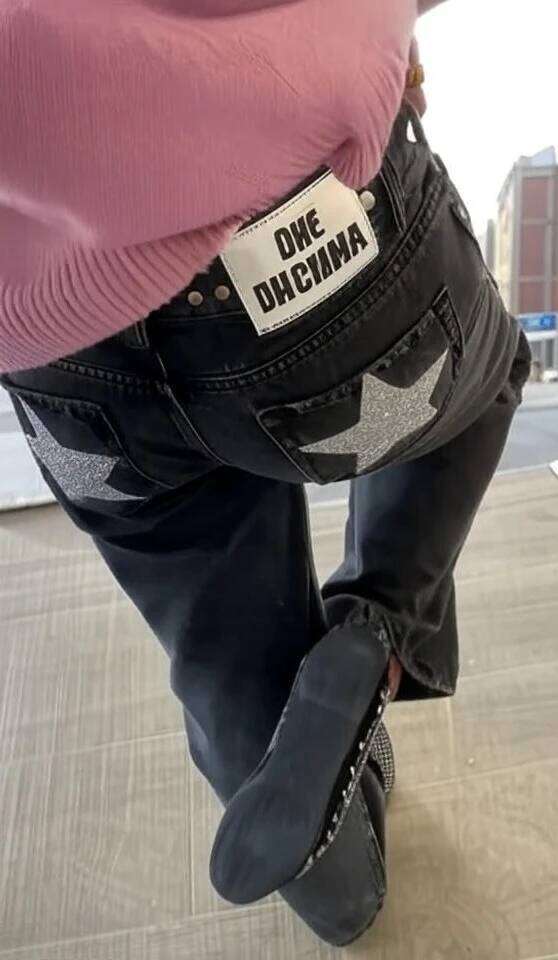 Fashion Womens ONE DILEMMA Y2K Clothing Five Pointed Star Sequin Rivet Washed Black Baggy Jeans Mid Rise Slim Fit Trousers X251224