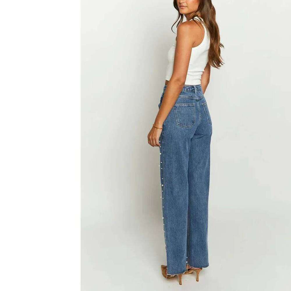 Elegant Pearl Beading Jeans Streetwear Y2K Vintage Denim Baggy Pants Chic Women Clothing Fashion 2025 X251224