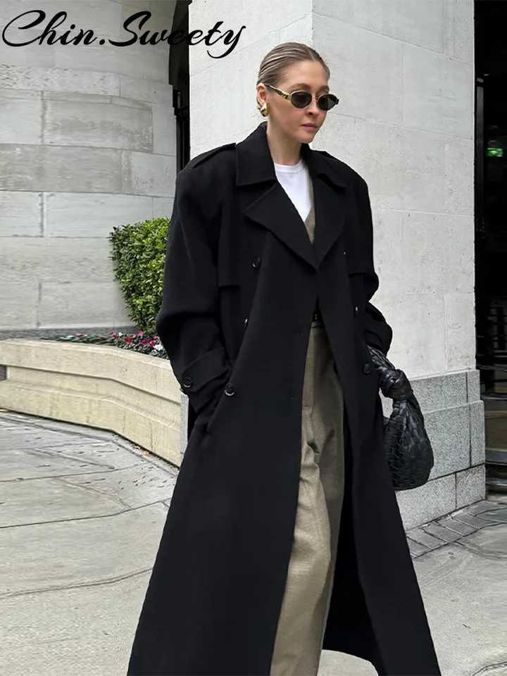 Casual Woolen Women Coat Fashion Doube-Breasted Turn-Down Collar Long Sleeve Female Coats 2025 Autumn Winter Chic Lady OutwearT251224