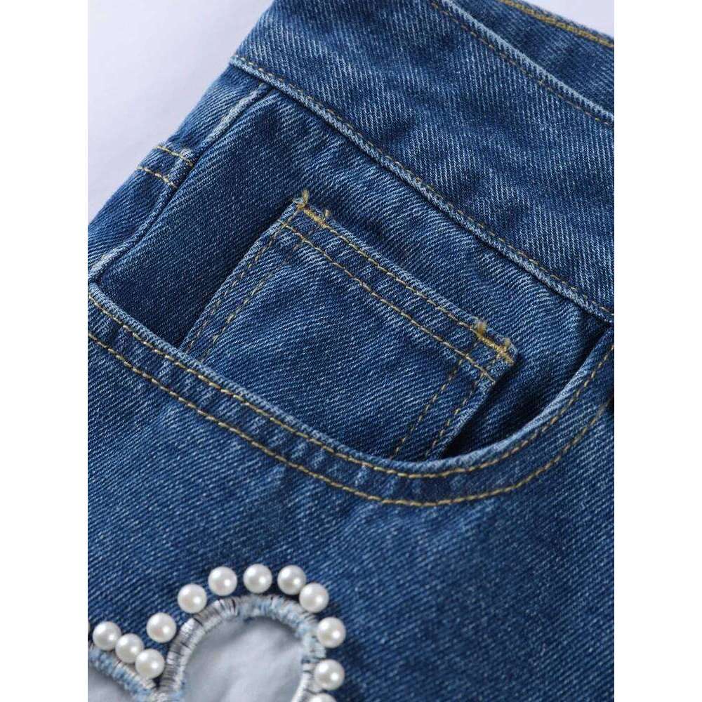 Street Pearl Hollow Women's Jeans Zipper Pockets High Waist Blue Denim Trousers 2025 Autumn Winter Lady Y2K Outwear X251224