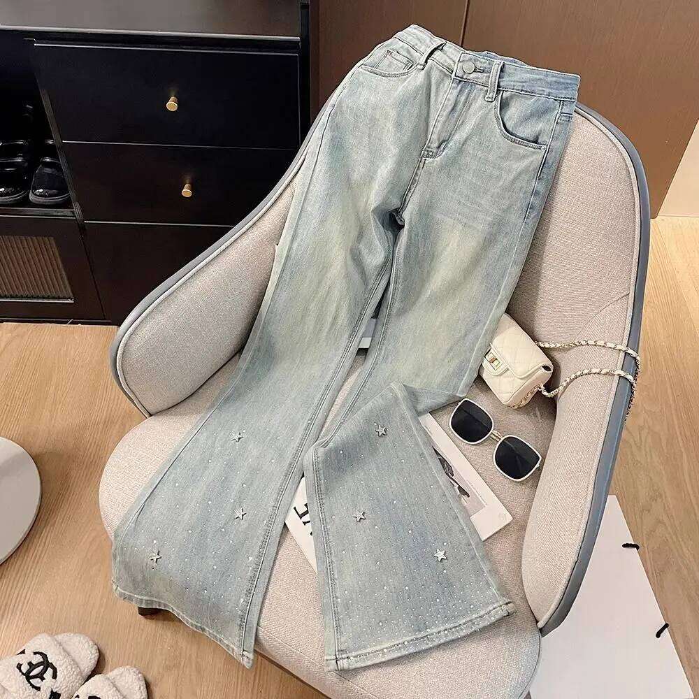 Heavy-Duty Star Rhinestone Shiny Light Blue Jeans Women's Summer High Waist Slim Stretch Flared Pants X251224