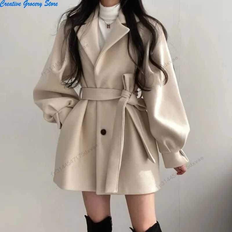 Korean Version Autumn and Winter Loose Style Coat Womens Woolen Suit Collar Medium and Long Small Woolen Coat WomenT251224