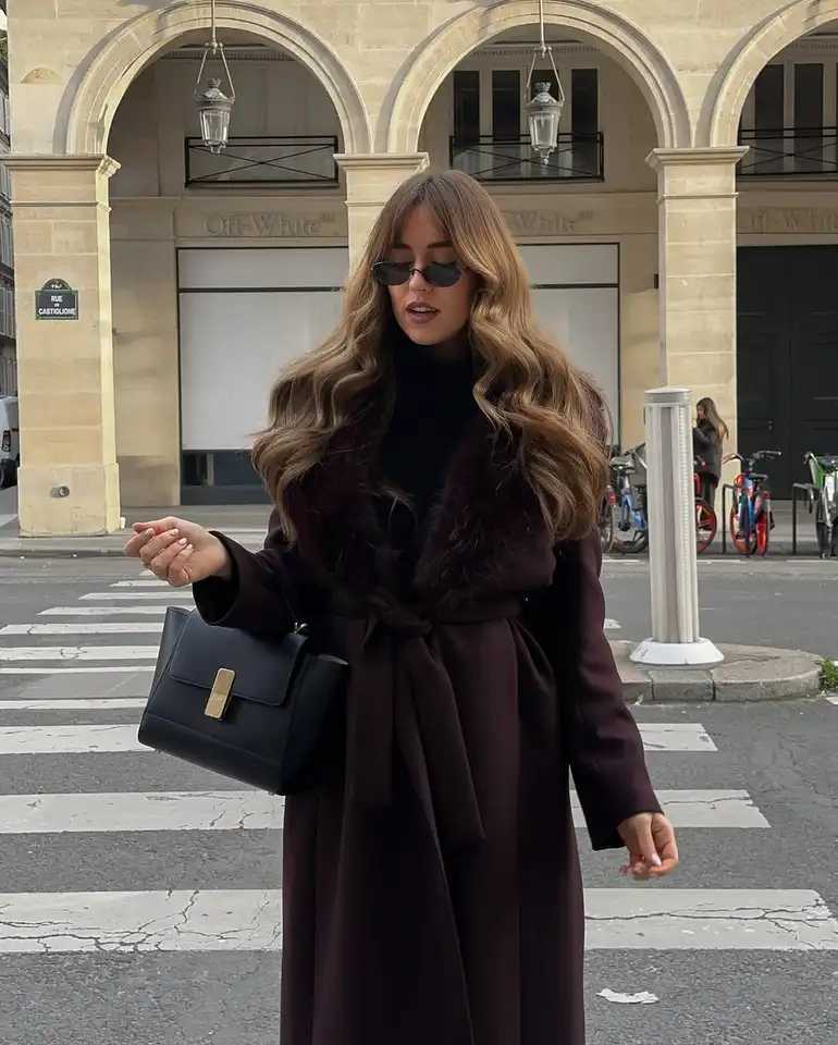 Casual Fur Collar Woolen Overcoat Women Chic Patchwork Lace Up Full Sleeve V-neck Loose Coats 2026 Lady High Street Warm OutwearT251224