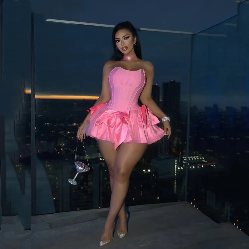 Pink Satin Mini Birthday Party Dresses Strapless Sexy Cocktail Dress Graduation Bow Night Gown Customized Vestidos de Graduacion