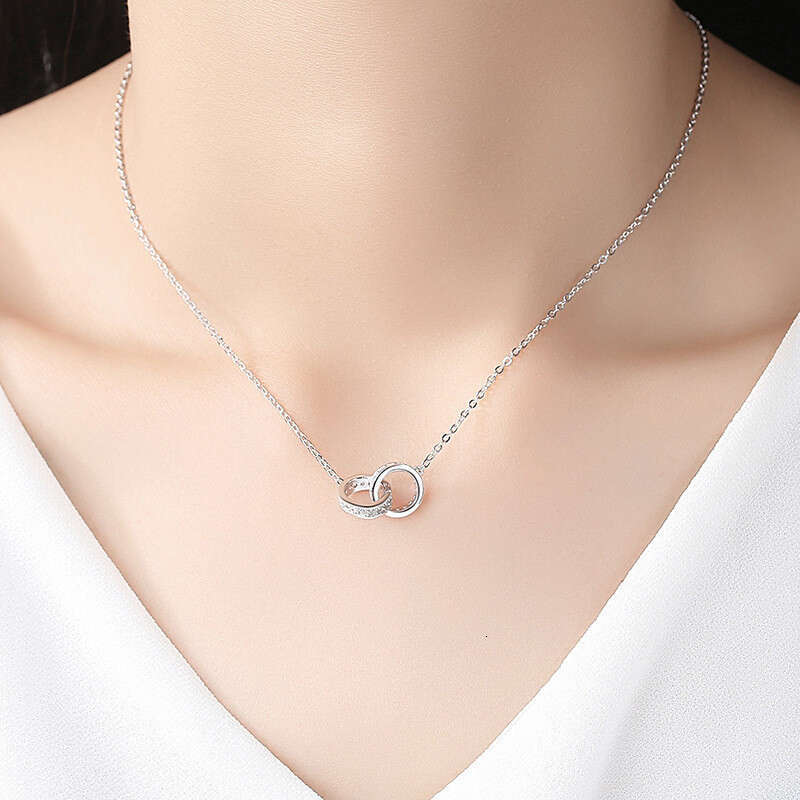 White Copper Electroplated Real Gold Inlaid Diamond Interlocking Necklace for Women Double Ring Pendant Internet Celebrity Niche Design Sense Choker