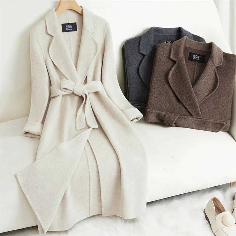 Grey Double-sided Cashmere Coat For women Slim For Autumn Winter New Winter High-end Temperament Thick Woolen Coats With beltT251224