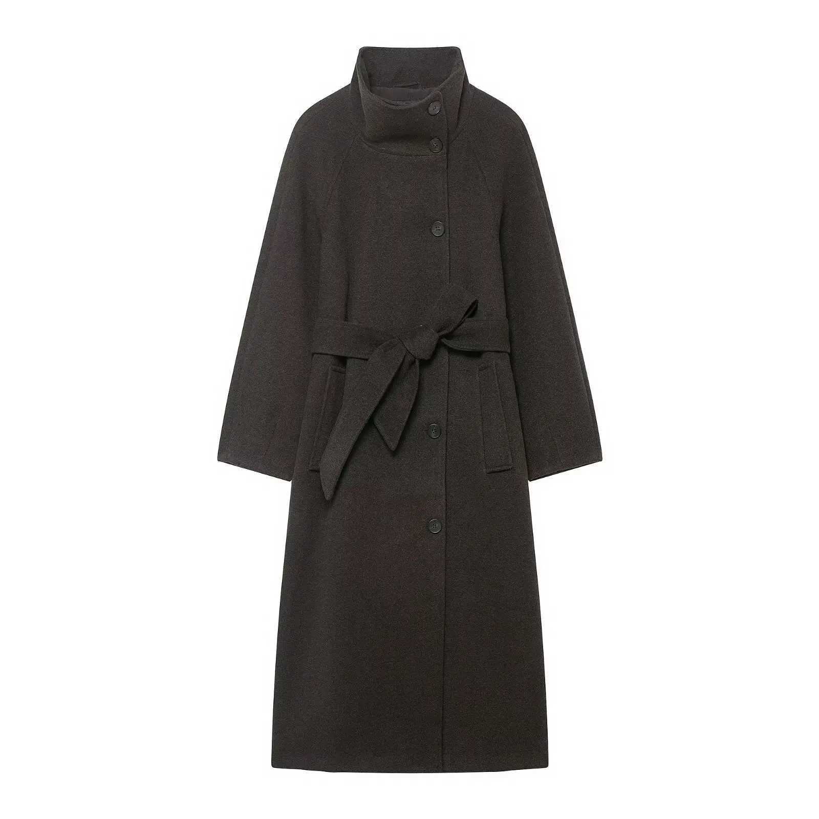 Womens Single Breasted Woolen Loose Overcoat New Long Coat Stand-up Collar Belt Female Autumn Winter Chic Casual OvercoatT251224
