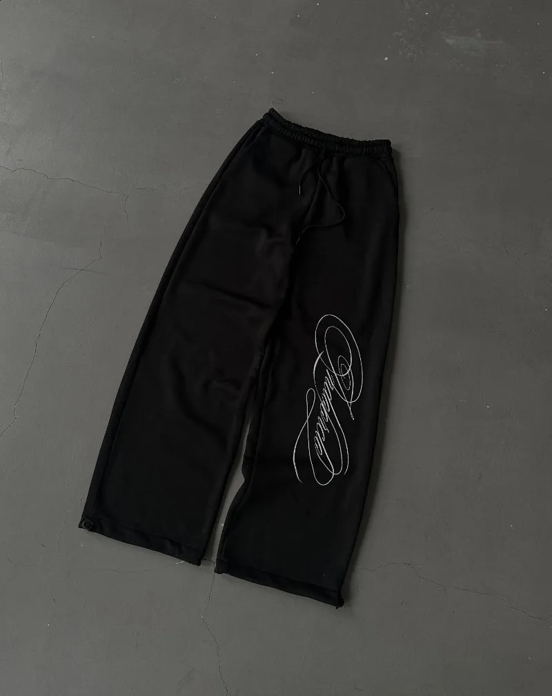 Y2k Retro American Casual Gray Sweatpants Women Hip-hop Trendy Streetwear Line Printing Oversized Straight Wide-leg Pants Men 251223