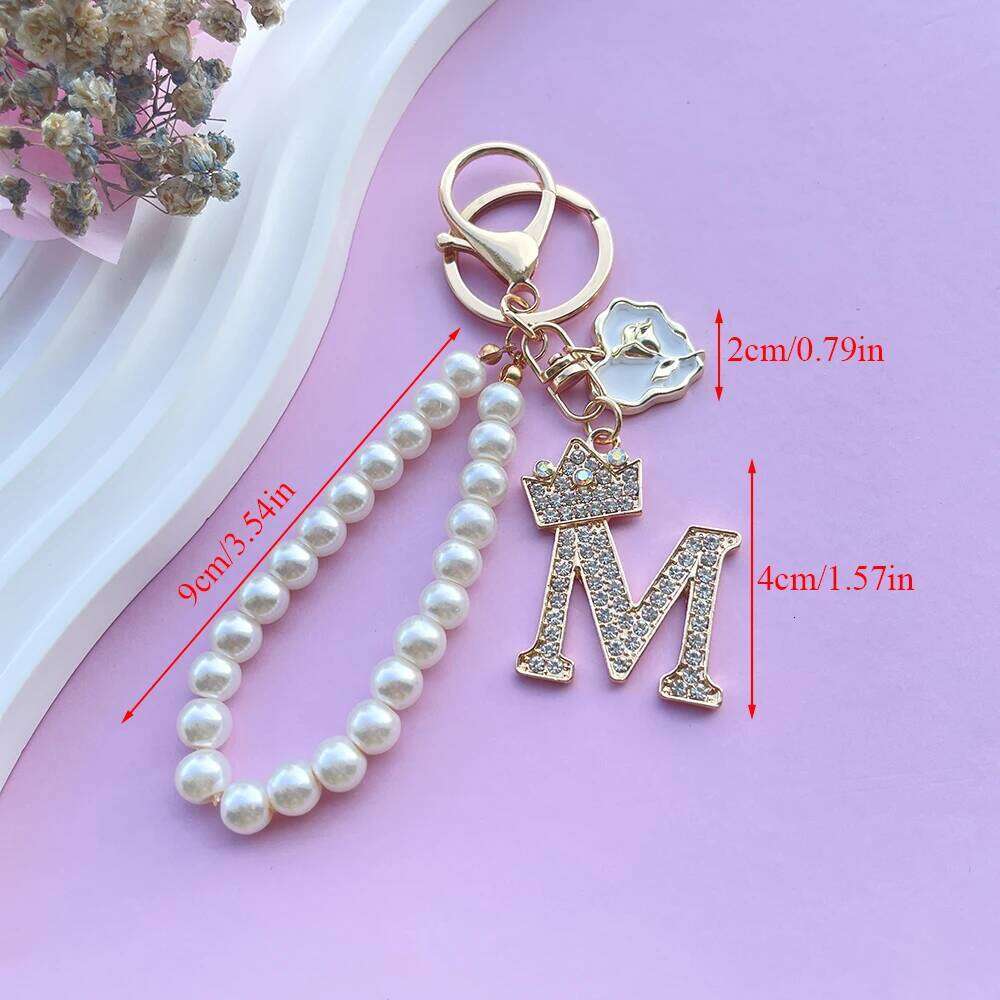 Boutique Crown A-Z 26 Initial Letters Rose Keyring Crystal Faux Pearl Resin Beaded Keychain Bag Pendant Women Girl Gifts Jewelry X251224